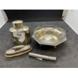Hallmarked Silver: Dish, tea caddy, nail buffer and a hinged cylindrical container. Total weight 6.