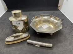 Hallmarked Silver: Dish, tea caddy, nail buffer and a hinged cylindrical container. Total weight 6.