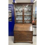 Georgian mahogany bureau bookcase with astragal glass, some panes cracked (5), and fitted
