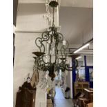 Lighting: Vintage metal and cut glass chandelier, four lights. 24ins. Drop. Plus a pair of metal and