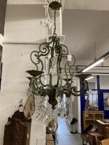 Lighting: Vintage metal and cut glass chandelier, four lights. 24ins. Drop. Plus a pair of metal and