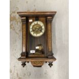 Clocks: Arts & crafts Vienna regulator, walnut case, painted pillars & base with twin fusee