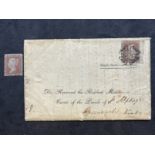 Stamps: GB 1841, SG7 1d red-brown, TA, which we believe is plate 11, used on full letter obliterated