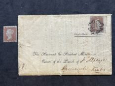 Stamps: GB 1841, SG7 1d red-brown, TA, which we believe is plate 11, used on full letter obliterated