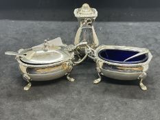 Hallmarked Silver: Three piece condiment set with gadroon border on four splay feet hallmarked