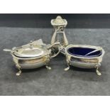 Hallmarked Silver: Three piece condiment set with gadroon border on four splay feet hallmarked