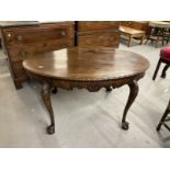 18th/19th cent. Estate made oak table. Oval top with burr oak cross banding, egg and dart moulded