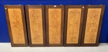 Arts & Crafts: Early 20th cent. Pyrography pokerwork panels in oak frames each panel depicting a