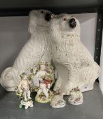 Ceramics: Late 19th cent. Staffordshire dogs, a pair, 14ins. Late 18th century cherub figures x 2