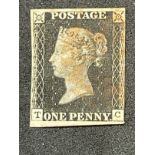 Stamps: GB 1840 SG2 1d black (TC) believed to be plate 5, three good margins RH thinned, WM 2