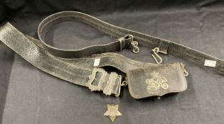 19th cent. Militaria: Leather belt and sabre lash with white metal Victoria Royal cypher, white