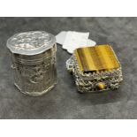 Hallmarked Continental Silver: Shaped box with pressed figures decoration marked with a crab and M.