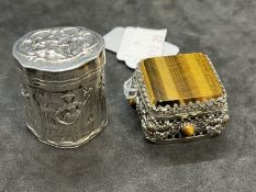 Hallmarked Continental Silver: Shaped box with pressed figures decoration marked with a crab and M.