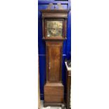 Clocks: Late 18th cent. Oak cased long case clock, pediment top inlaid case on bracket feet, brass