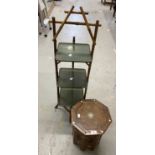 Early 20th cent. Bamboo & lacquer 3 tier cake stand with square green shelves and a small inlaid