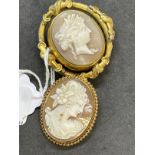 Jewellery: Three shell cameo brooches, one mounted in Pinchbeck and two in yellow metal, tests as