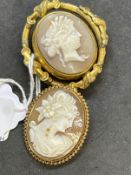 Jewellery: Three shell cameo brooches, one mounted in Pinchbeck and two in yellow metal, tests as