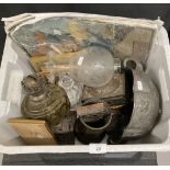 Collectables: Mixed lot - an Orivit pewter jardiniere, a bronze tankard, an oil lamp, copper moulds,