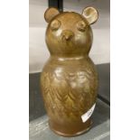 20th cent. Studio pottery money box in the form of an owl, the slip glaze with a pattern to simulate