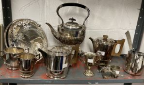 Silver plated items to include spirit kettle, four piece Art Deco tea set, fruit basket, napkin
