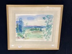 Raul Dufy (After): Pastiche watercolour landscape with church, framed and glazed. 13ins. x 19ins.