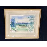 Raul Dufy (After): Pastiche watercolour landscape with church, framed and glazed. 13ins. x 19ins.