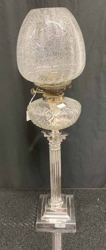 Lighting: Silver plated Corinthian column oil lamp, square stepped base, reeded column, glass