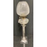 Lighting: Silver plated Corinthian column oil lamp, square stepped base, reeded column, glass