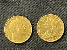 Coins/Numismatics: Gold George V and Queen Victoria Half Sovereigns 1899 and 1908.