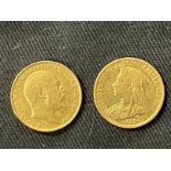 Coins/Numismatics: Gold George V and Queen Victoria Half Sovereigns 1899 and 1908.
