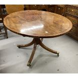 Regency mahogany oval breakfast table on single column and four splayed supports. 52ins.