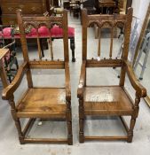 Oak Derbyshire style Gothic carver chairs the backs with upturned spindles with carved arched tops