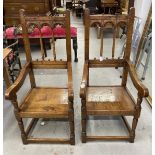 Oak Derbyshire style Gothic carver chairs the backs with upturned spindles with carved arched tops