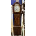 Clocks: 19th cent. Mahogany grandfather clock with arched top painted face, D. Cairns Morpeth, eight