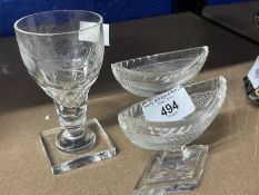 Glass: Early 19th cent. Cut glass salts, boat shaped top bowls with diamond shaped bases, a pair.