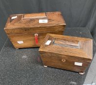 19th cent. Rosewood sarcophagus shaped tea caddy, two mixing containers, a central mixing bowl on