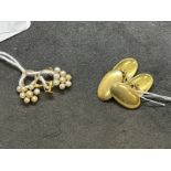 Hallmarked Jewellery: Pair of 18ct gold cufflinks. Weight 9.4g. Plus yellow metal pair of earrings
