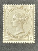 Stamps: GB 1882, SG160 4d grey brown, plate 18, mint hinged, DN.