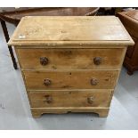 19th cent. Pine chest of three drawers, moulded top, knob handles, bracket feet. 30ins. x 17ins. x