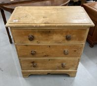 19th cent. Pine chest of three drawers, moulded top, knob handles, bracket feet. 30ins. x 17ins. x