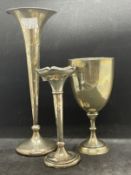 Hallmarked Silver: Two bud vases and a goblet. Total weight 10.20oz.