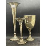 Hallmarked Silver: Two bud vases and a goblet. Total weight 10.20oz.