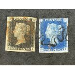 Stamps: GB 1840, SG4, 2d deep blue (GI), three good margins top thinned, WM 2 obliterated by black