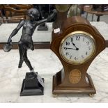 Clocks: Edwardian mahogany inlaid balloon mantel clock 9½ins. x 5½ins. Plus a Spelter figure of a