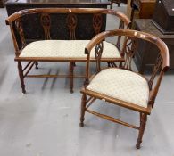 Edwardian mahogany tub shaped settee & matching chair. The back with pierced splats, turned