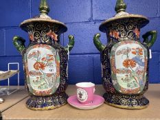 Ceramics: Mason Ironstone lidded vases decorated with chinoiserie panels on a blue ground, black