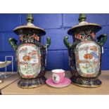 Ceramics: Mason Ironstone lidded vases decorated with chinoiserie panels on a blue ground, black