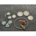 Hallmarked Silver: Bangle , bracelet, pendant , napkin holder and four Victorian silver coins. Total