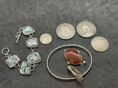 Hallmarked Silver: Bangle , bracelet, pendant , napkin holder and four Victorian silver coins. Total