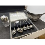 Hallmarked Silver: Set of six apostle spoons, plus a silver topped glass container and a white metal